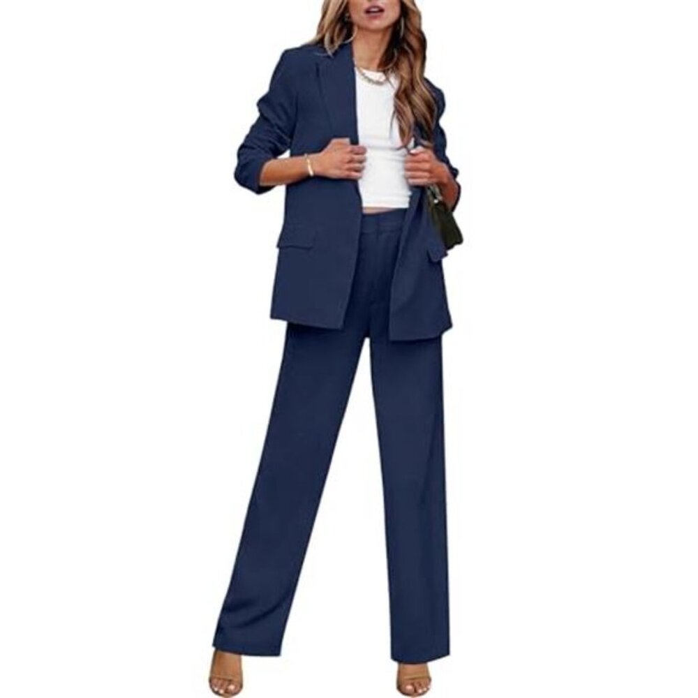 2 Piece Outfits for Women Dressy Long Blazer Jackets High Waisted Wide Leg Pants